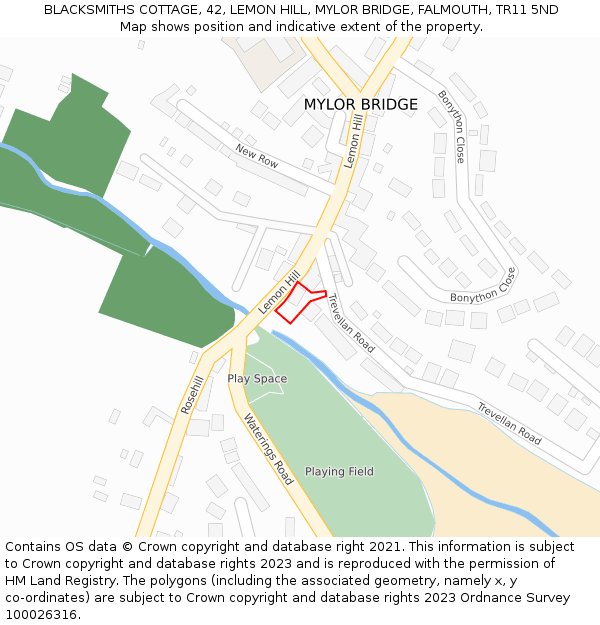 BLACKSMITHS COTTAGE, 42, LEMON HILL, MYLOR BRIDGE, FALMOUTH, TR11 5ND: Location map and indicative extent of plot