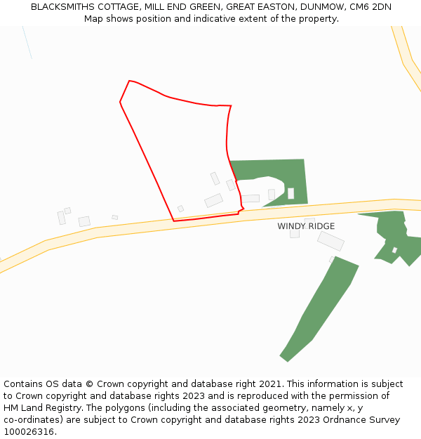 BLACKSMITHS COTTAGE, MILL END GREEN, GREAT EASTON, DUNMOW, CM6 2DN: Location map and indicative extent of plot