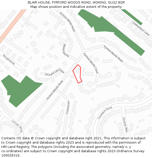 BLAIR HOUSE, PYRFORD WOODS ROAD, WOKING, GU22 8QR: Location map and indicative extent of plot