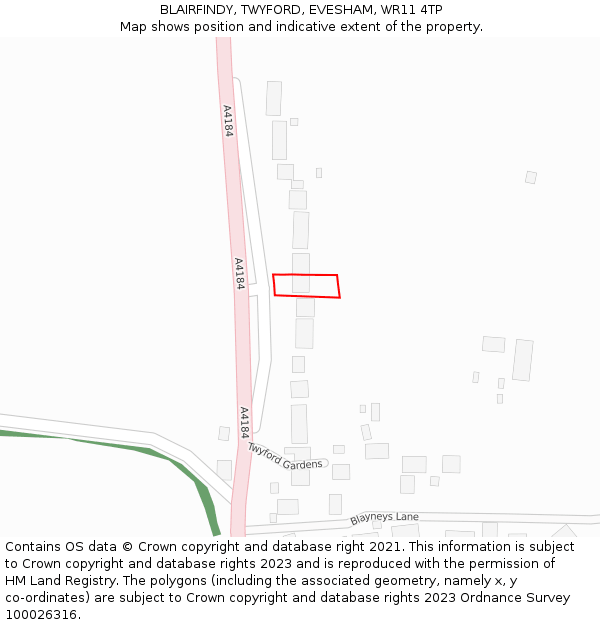 BLAIRFINDY, TWYFORD, EVESHAM, WR11 4TP: Location map and indicative extent of plot