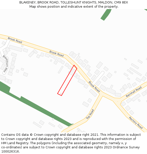 BLAKENEY, BROOK ROAD, TOLLESHUNT KNIGHTS, MALDON, CM9 8EX: Location map and indicative extent of plot