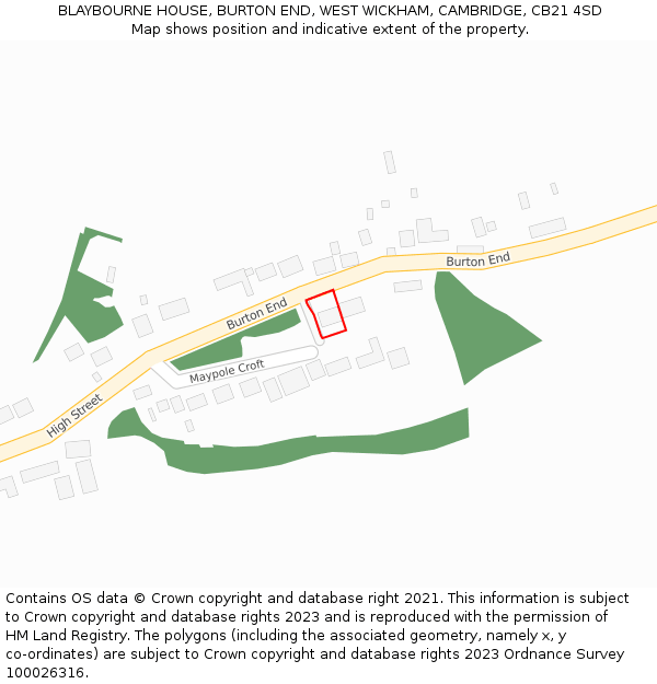 BLAYBOURNE HOUSE, BURTON END, WEST WICKHAM, CAMBRIDGE, CB21 4SD: Location map and indicative extent of plot