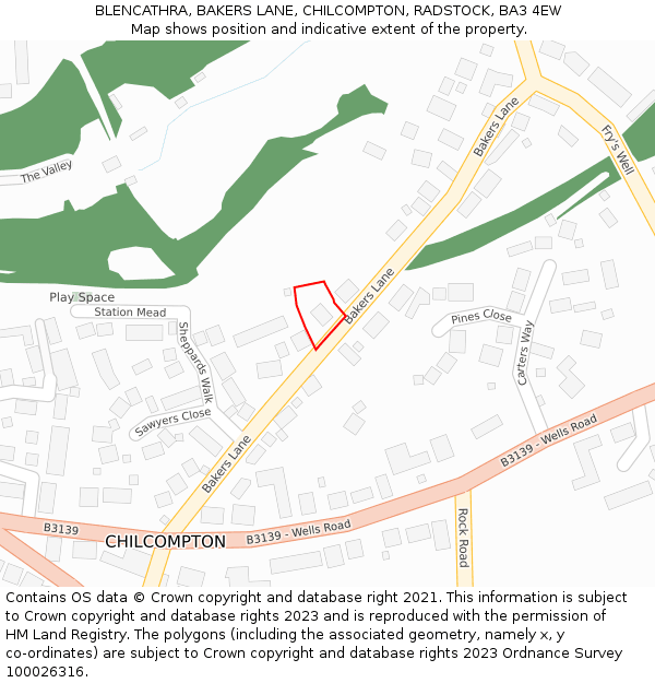 BLENCATHRA, BAKERS LANE, CHILCOMPTON, RADSTOCK, BA3 4EW: Location map and indicative extent of plot