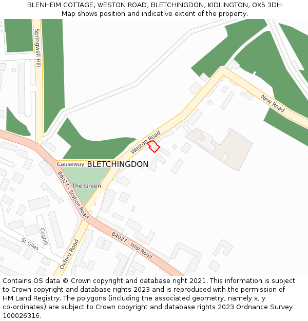 BLENHEIM COTTAGE, WESTON ROAD, BLETCHINGDON, KIDLINGTON, OX5 3DH: Location map and indicative extent of plot