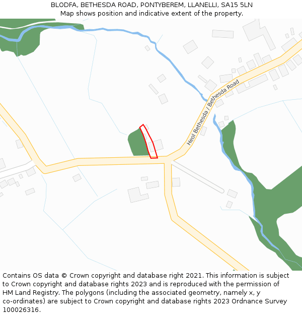 BLODFA, BETHESDA ROAD, PONTYBEREM, LLANELLI, SA15 5LN: Location map and indicative extent of plot