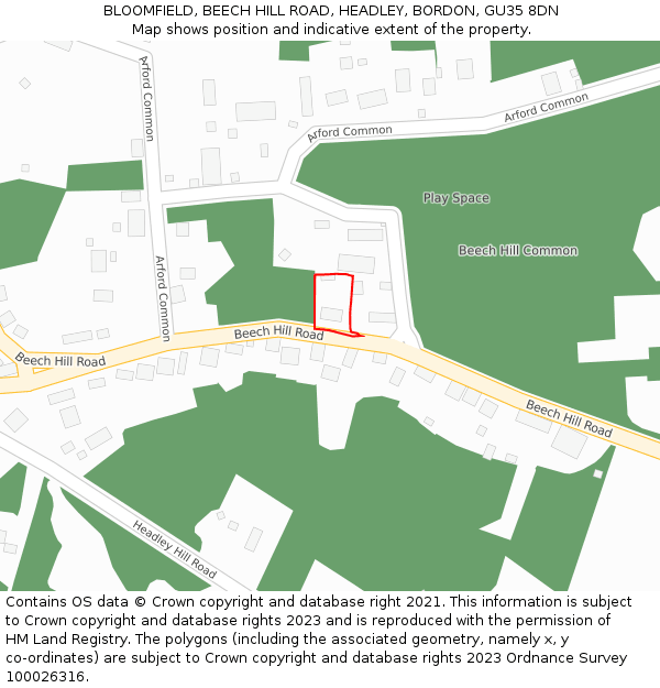 BLOOMFIELD, BEECH HILL ROAD, HEADLEY, BORDON, GU35 8DN: Location map and indicative extent of plot