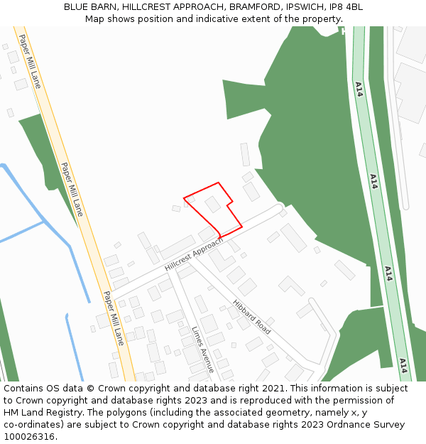 BLUE BARN, HILLCREST APPROACH, BRAMFORD, IPSWICH, IP8 4BL: Location map and indicative extent of plot