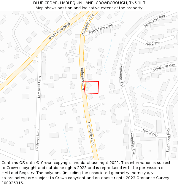 BLUE CEDAR, HARLEQUIN LANE, CROWBOROUGH, TN6 1HT: Location map and indicative extent of plot