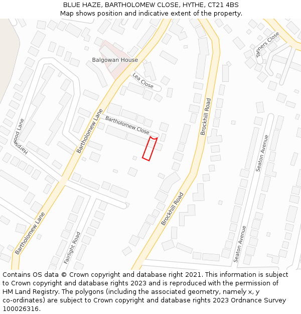 BLUE HAZE, BARTHOLOMEW CLOSE, HYTHE, CT21 4BS: Location map and indicative extent of plot