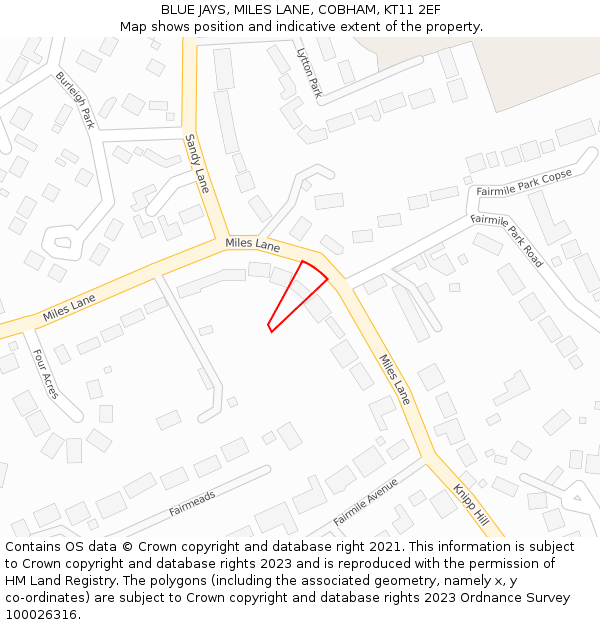 BLUE JAYS, MILES LANE, COBHAM, KT11 2EF: Location map and indicative extent of plot