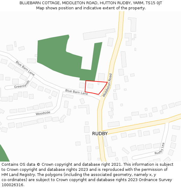 BLUEBARN COTTAGE, MIDDLETON ROAD, HUTTON RUDBY, YARM, TS15 0JT: Location map and indicative extent of plot