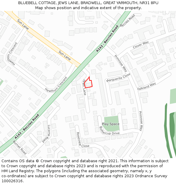 BLUEBELL COTTAGE, JEWS LANE, BRADWELL, GREAT YARMOUTH, NR31 8PU: Location map and indicative extent of plot