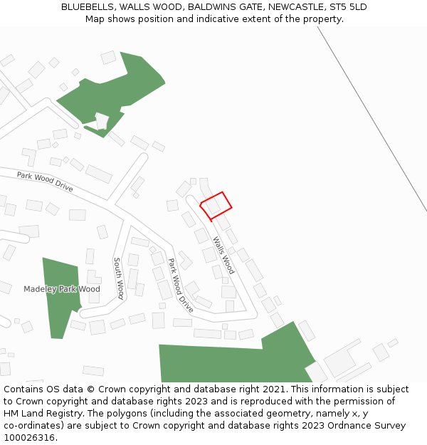 BLUEBELLS, WALLS WOOD, BALDWINS GATE, NEWCASTLE, ST5 5LD: Location map and indicative extent of plot