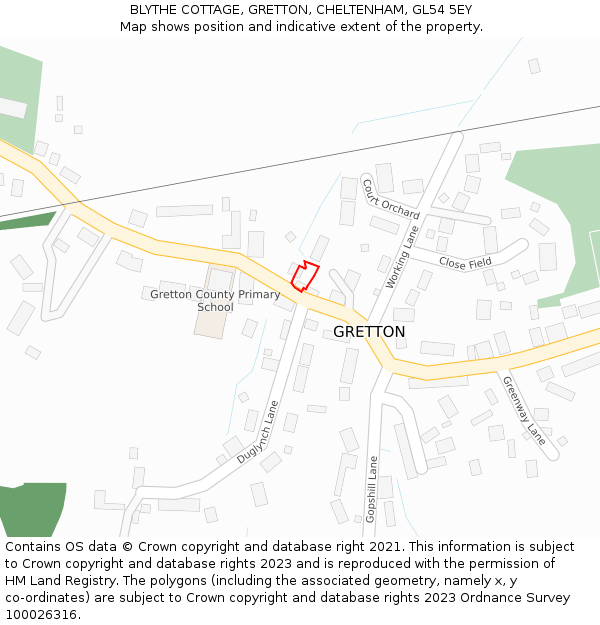 BLYTHE COTTAGE, GRETTON, CHELTENHAM, GL54 5EY: Location map and indicative extent of plot