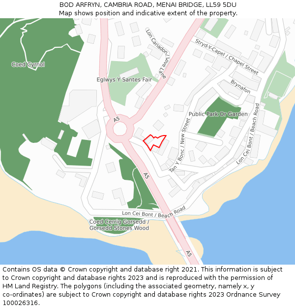 BOD ARFRYN, CAMBRIA ROAD, MENAI BRIDGE, LL59 5DU: Location map and indicative extent of plot