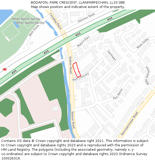 BODAFON, PARK CRESCENT, LLANFAIRFECHAN, LL33 0BE: Location map and indicative extent of plot