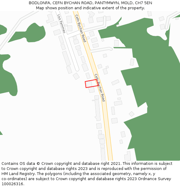 BODLONFA, CEFN BYCHAN ROAD, PANTYMWYN, MOLD, CH7 5EN: Location map and indicative extent of plot