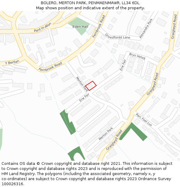 BOLERO, MERTON PARK, PENMAENMAWR, LL34 6DL: Location map and indicative extent of plot