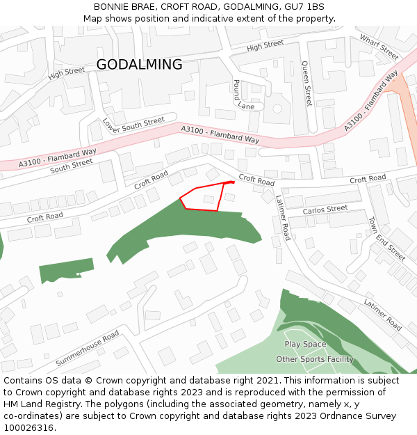 BONNIE BRAE, CROFT ROAD, GODALMING, GU7 1BS: Location map and indicative extent of plot