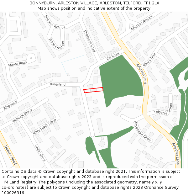 BONNYBURN, ARLESTON VILLAGE, ARLESTON, TELFORD, TF1 2LX: Location map and indicative extent of plot