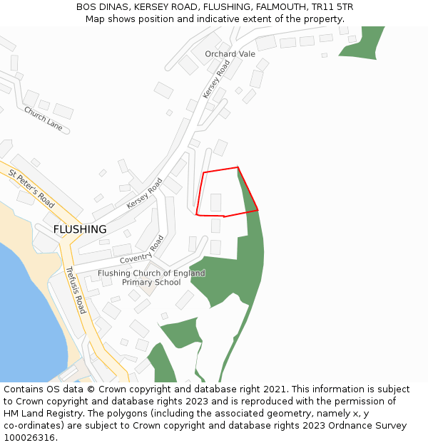 BOS DINAS, KERSEY ROAD, FLUSHING, FALMOUTH, TR11 5TR: Location map and indicative extent of plot