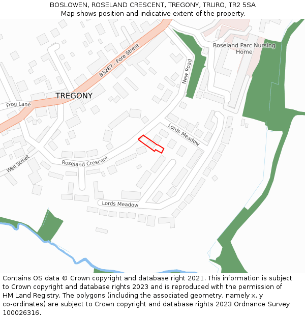 BOSLOWEN, ROSELAND CRESCENT, TREGONY, TRURO, TR2 5SA: Location map and indicative extent of plot