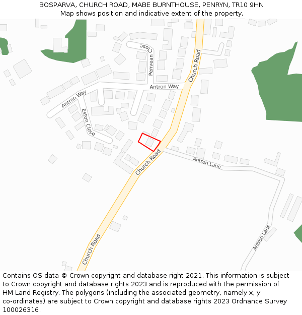 BOSPARVA, CHURCH ROAD, MABE BURNTHOUSE, PENRYN, TR10 9HN: Location map and indicative extent of plot