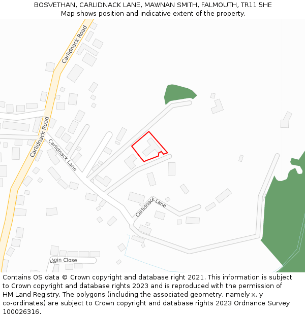 BOSVETHAN, CARLIDNACK LANE, MAWNAN SMITH, FALMOUTH, TR11 5HE: Location map and indicative extent of plot