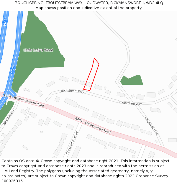 BOUGHSPRING, TROUTSTREAM WAY, LOUDWATER, RICKMANSWORTH, WD3 4LQ: Location map and indicative extent of plot