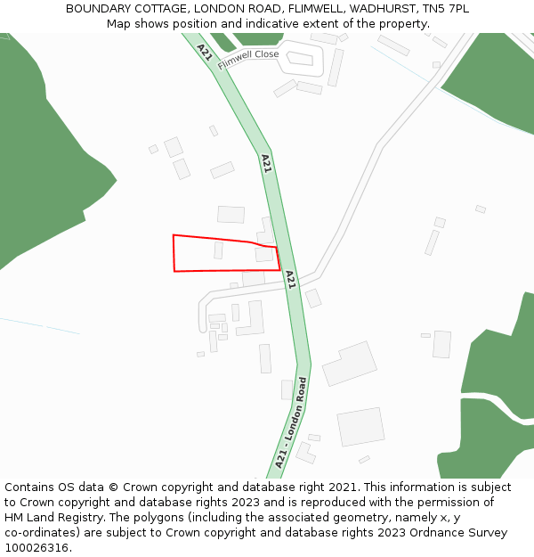 BOUNDARY COTTAGE, LONDON ROAD, FLIMWELL, WADHURST, TN5 7PL: Location map and indicative extent of plot