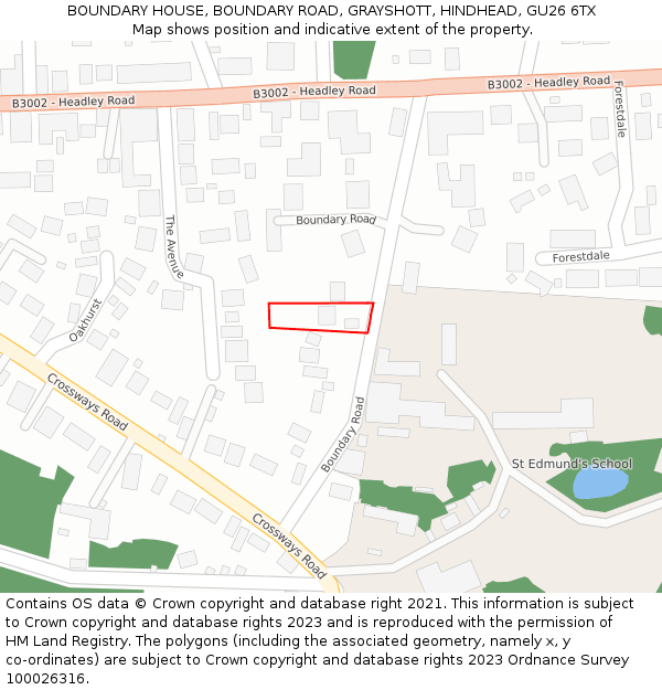 BOUNDARY HOUSE, BOUNDARY ROAD, GRAYSHOTT, HINDHEAD, GU26 6TX: Location map and indicative extent of plot