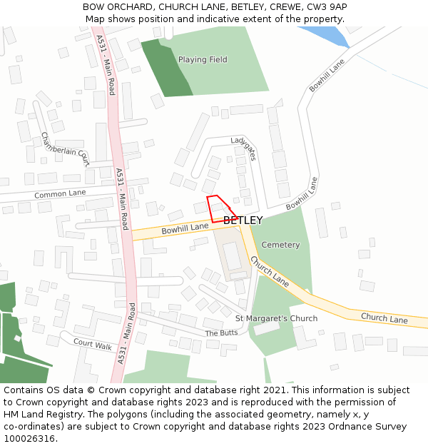 BOW ORCHARD, CHURCH LANE, BETLEY, CREWE, CW3 9AP: Location map and indicative extent of plot