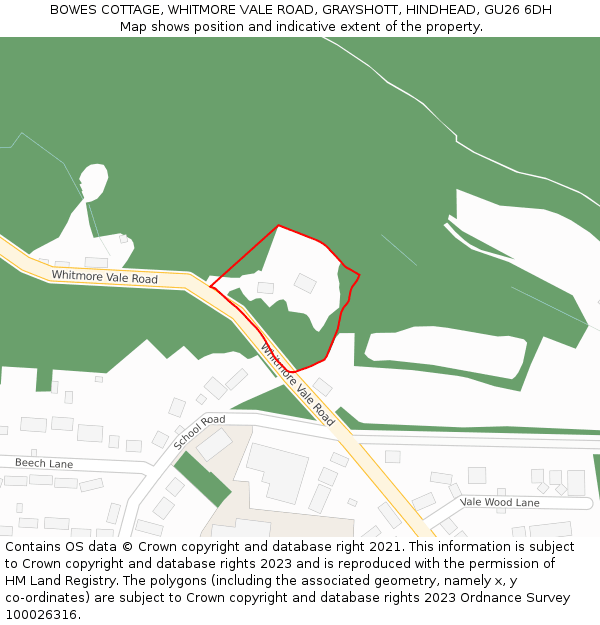 BOWES COTTAGE, WHITMORE VALE ROAD, GRAYSHOTT, HINDHEAD, GU26 6DH: Location map and indicative extent of plot