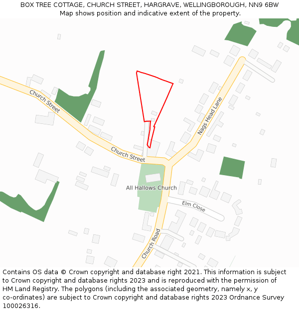 BOX TREE COTTAGE, CHURCH STREET, HARGRAVE, WELLINGBOROUGH, NN9 6BW: Location map and indicative extent of plot