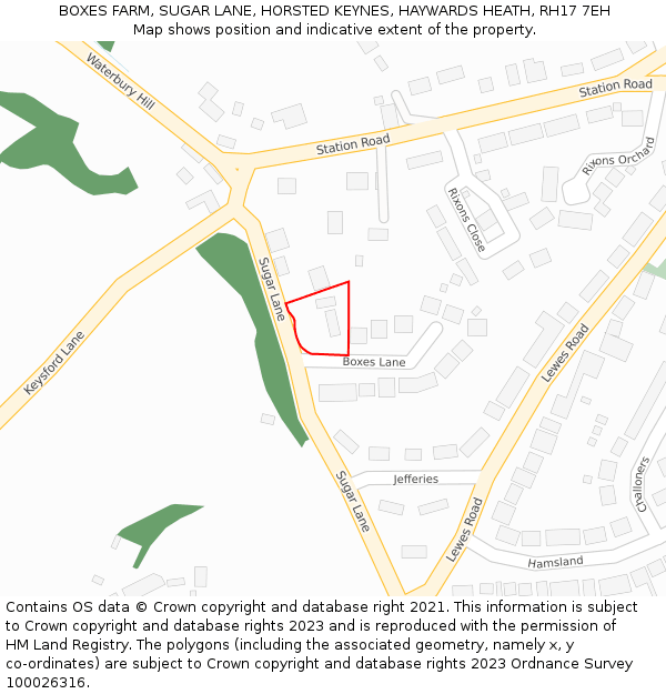 BOXES FARM, SUGAR LANE, HORSTED KEYNES, HAYWARDS HEATH, RH17 7EH: Location map and indicative extent of plot