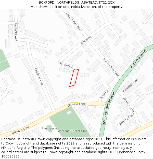 BOXFORD, NORTHFIELDS, ASHTEAD, KT21 2QX: Location map and indicative extent of plot