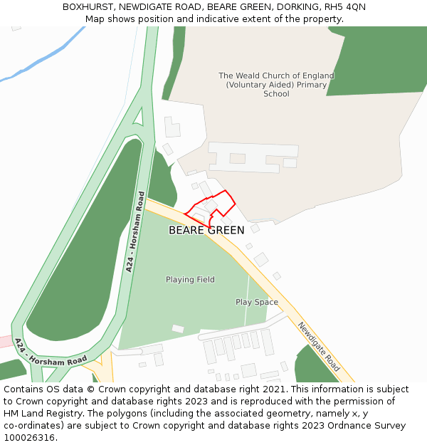 BOXHURST, NEWDIGATE ROAD, BEARE GREEN, DORKING, RH5 4QN: Location map and indicative extent of plot
