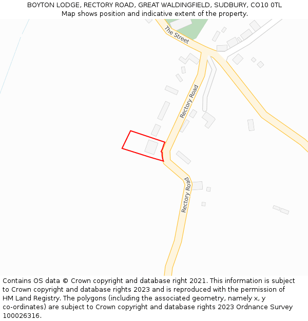 BOYTON LODGE, RECTORY ROAD, GREAT WALDINGFIELD, SUDBURY, CO10 0TL: Location map and indicative extent of plot