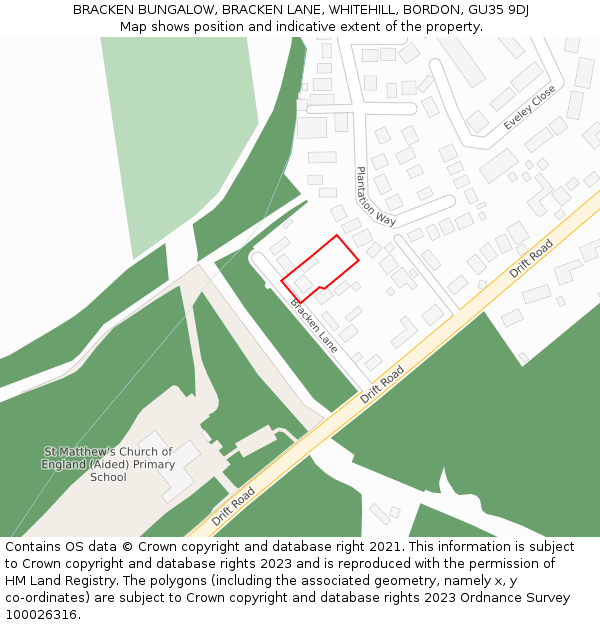 BRACKEN BUNGALOW, BRACKEN LANE, WHITEHILL, BORDON, GU35 9DJ: Location map and indicative extent of plot