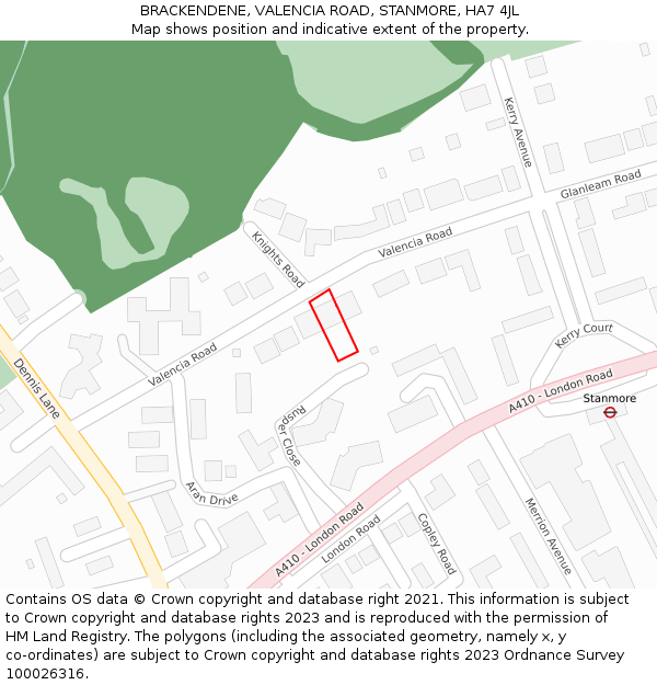 BRACKENDENE, VALENCIA ROAD, STANMORE, HA7 4JL: Location map and indicative extent of plot