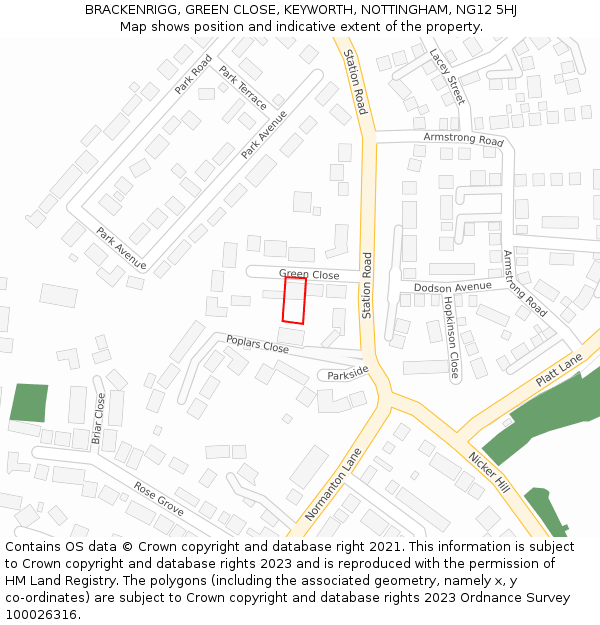 BRACKENRIGG, GREEN CLOSE, KEYWORTH, NOTTINGHAM, NG12 5HJ: Location map and indicative extent of plot