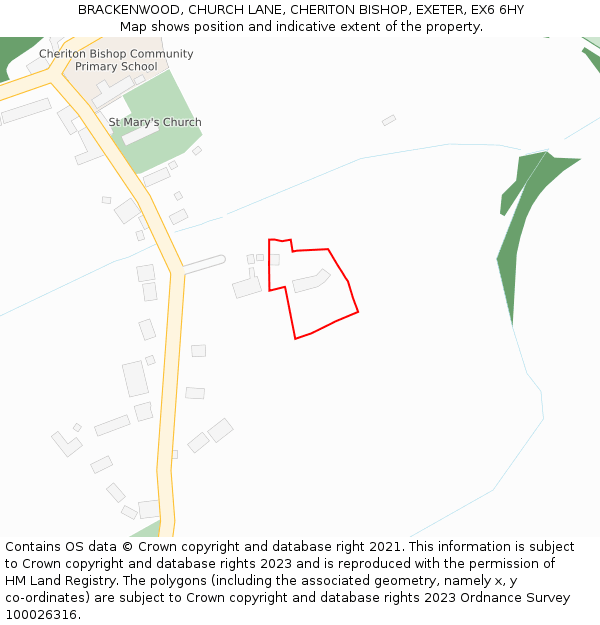 BRACKENWOOD, CHURCH LANE, CHERITON BISHOP, EXETER, EX6 6HY: Location map and indicative extent of plot