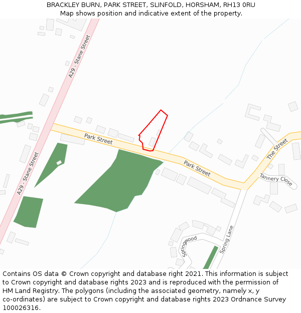 BRACKLEY BURN, PARK STREET, SLINFOLD, HORSHAM, RH13 0RU: Location map and indicative extent of plot