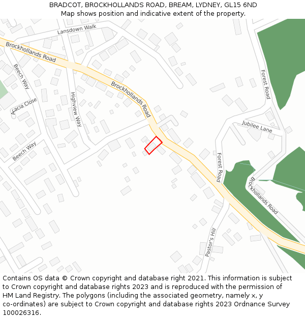 BRADCOT, BROCKHOLLANDS ROAD, BREAM, LYDNEY, GL15 6ND: Location map and indicative extent of plot