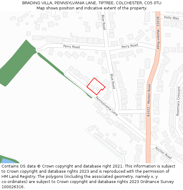 BRADING VILLA, PENNSYLVANIA LANE, TIPTREE, COLCHESTER, CO5 0TU: Location map and indicative extent of plot