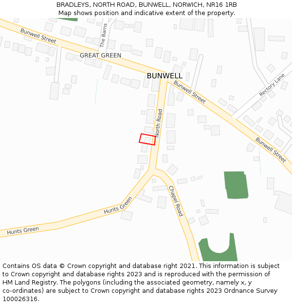 BRADLEYS, NORTH ROAD, BUNWELL, NORWICH, NR16 1RB: Location map and indicative extent of plot