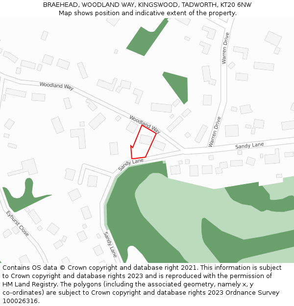 BRAEHEAD, WOODLAND WAY, KINGSWOOD, TADWORTH, KT20 6NW: Location map and indicative extent of plot