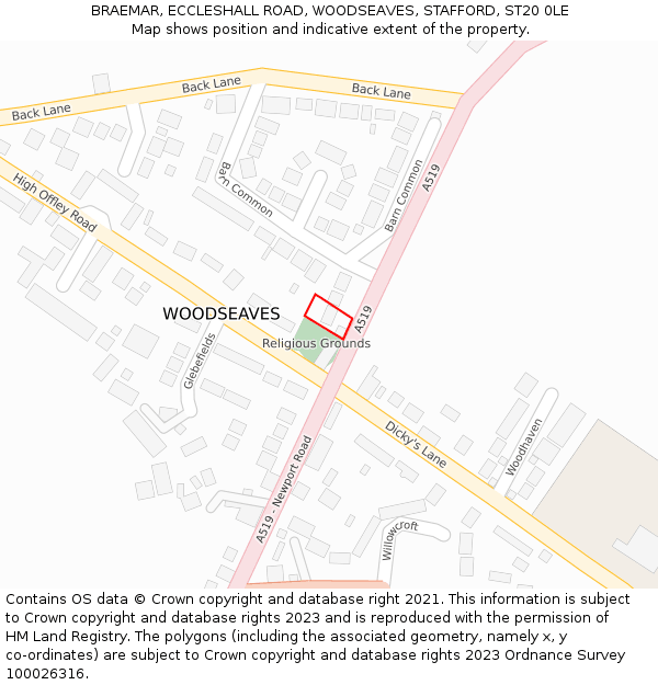 BRAEMAR, ECCLESHALL ROAD, WOODSEAVES, STAFFORD, ST20 0LE: Location map and indicative extent of plot