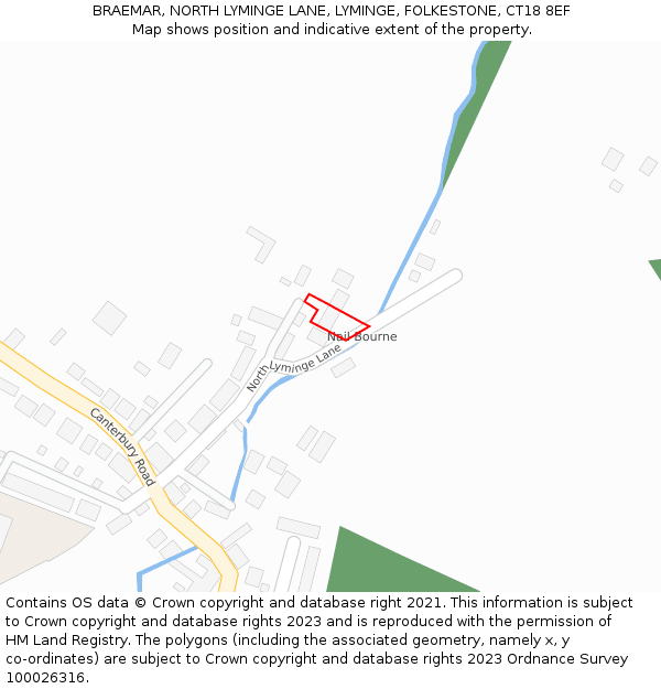 BRAEMAR, NORTH LYMINGE LANE, LYMINGE, FOLKESTONE, CT18 8EF: Location map and indicative extent of plot