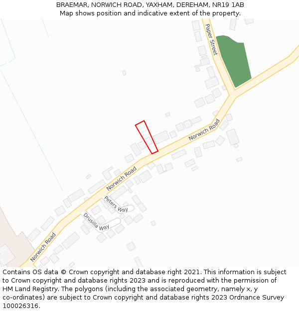 BRAEMAR, NORWICH ROAD, YAXHAM, DEREHAM, NR19 1AB: Location map and indicative extent of plot